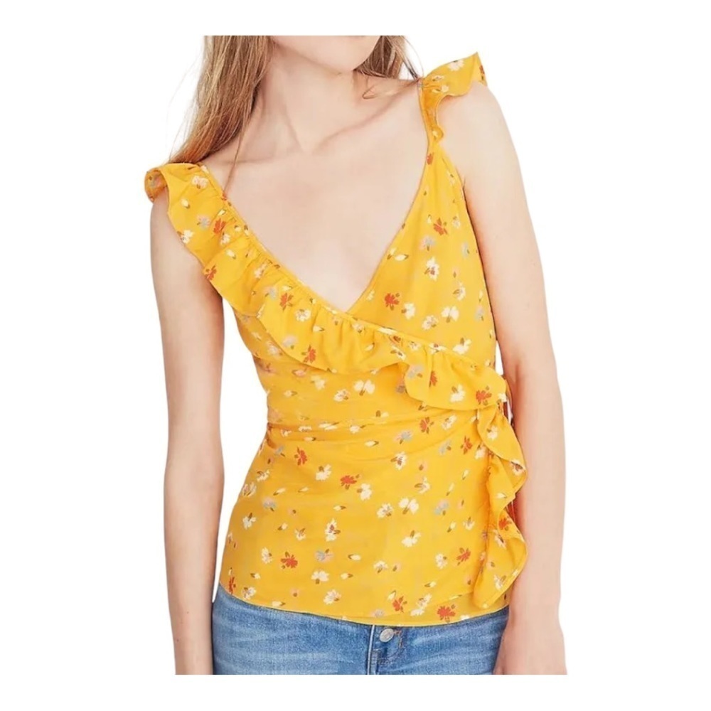 Madewell Silk Ditsy Floral Ruffle Wrap Top Golden Yellow Size 2